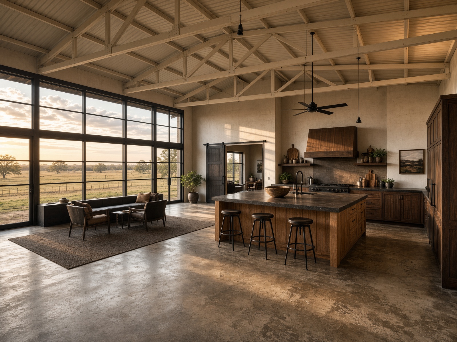 Open-span barndominium great room and kitchen