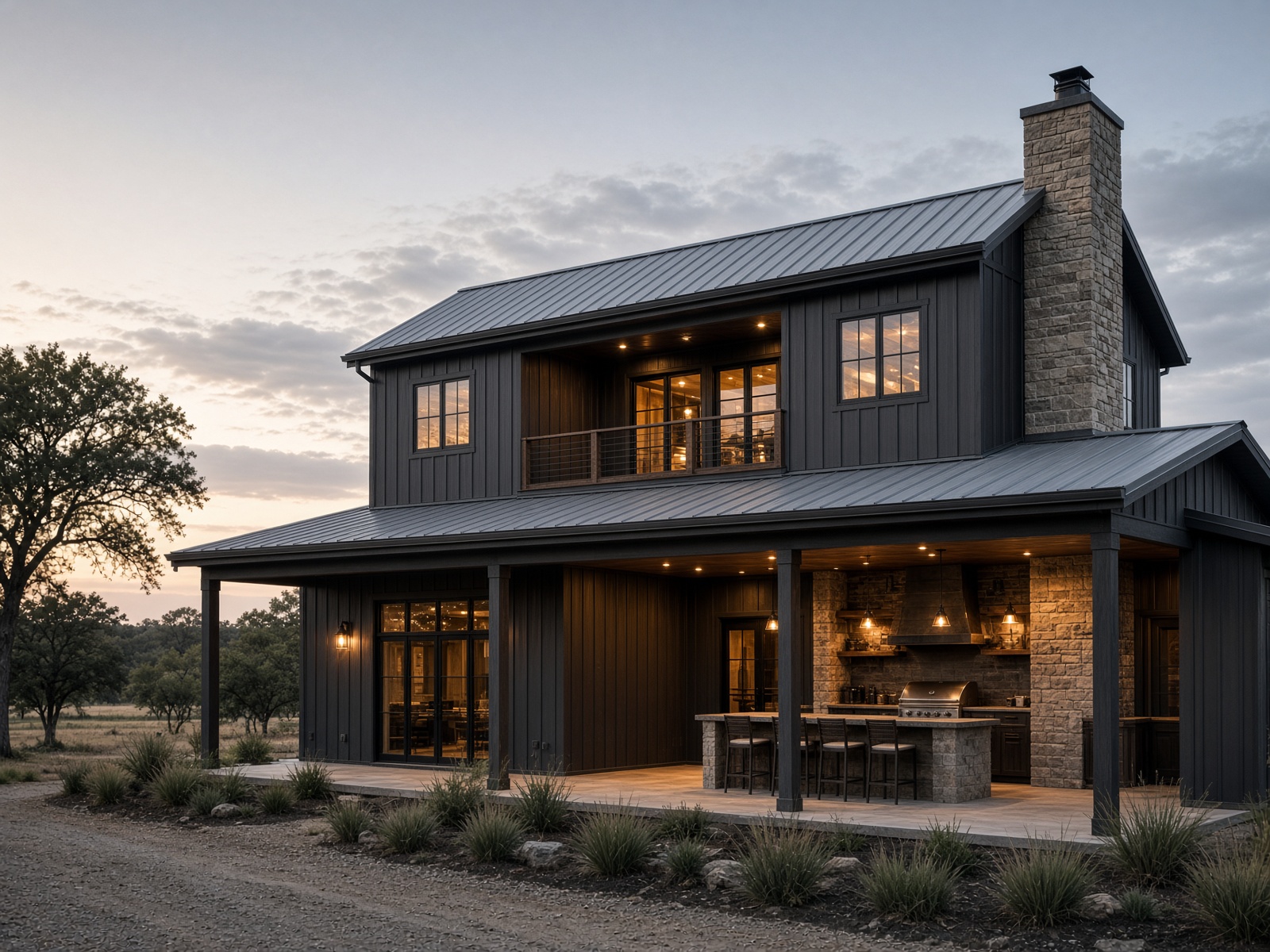 Two-story charcoal barndominium with loft and patio