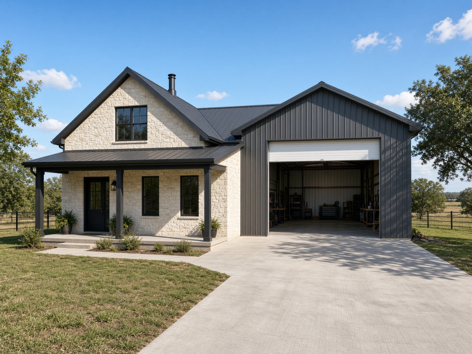 Shop-house barndominium with living wing and workshop bay