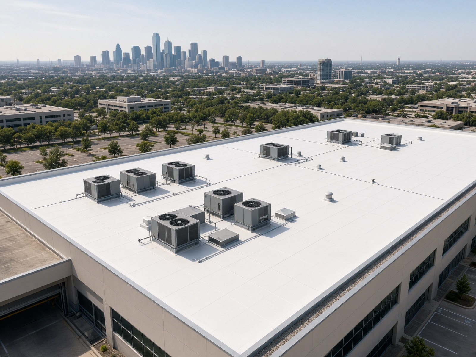 Commercial TPO roof with rooftop HVAC equipment