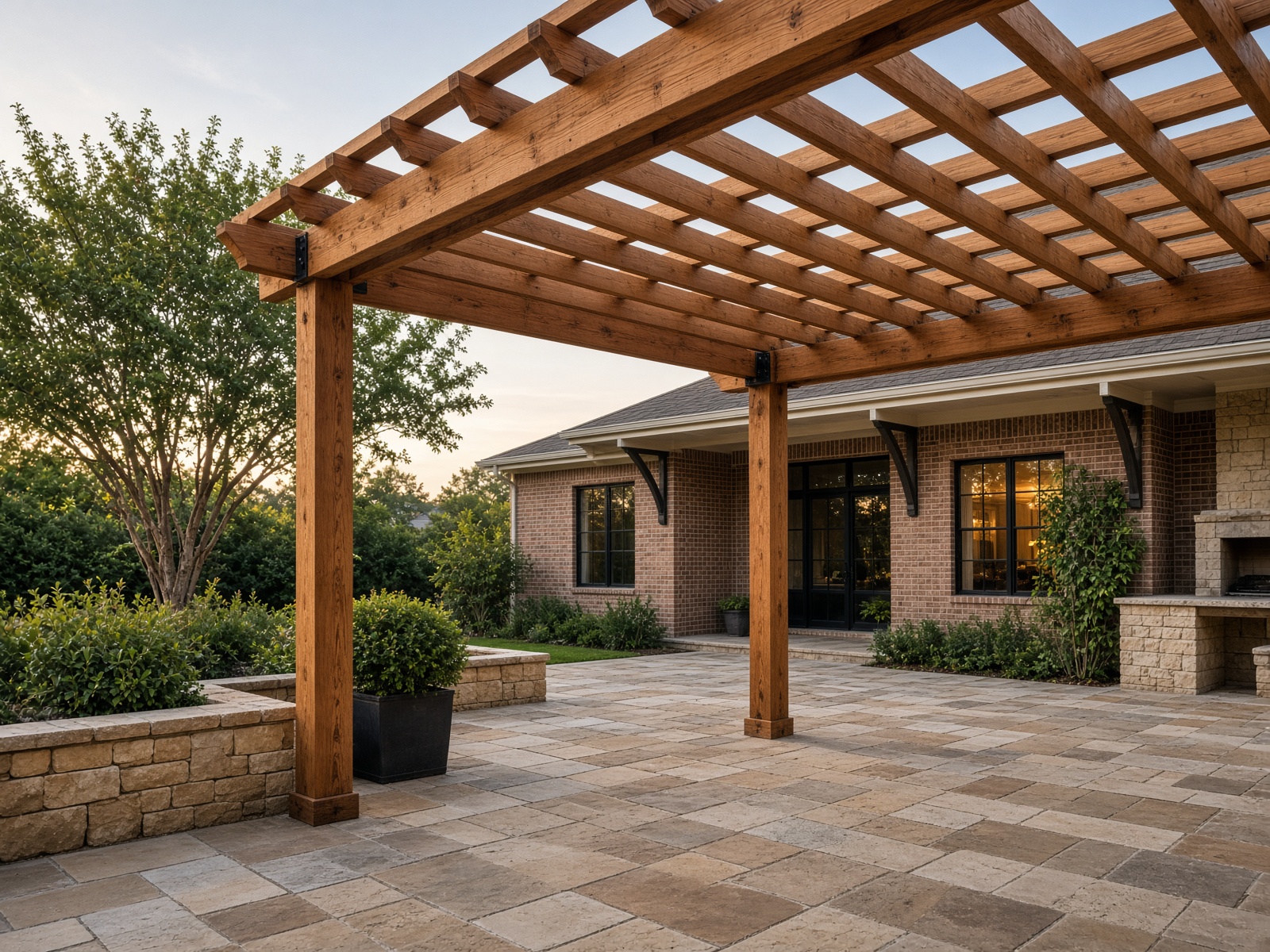 Cedar pergola and limestone patio