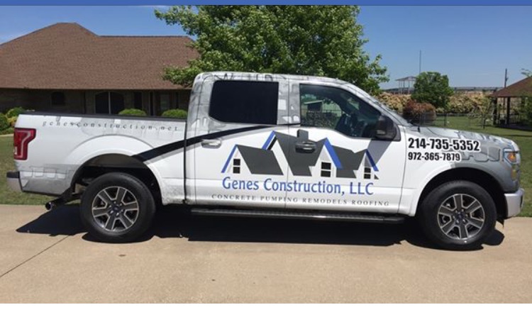 Genes Construction LLC roofing pickup with house-and-roof logo, used for residential roof inspections in Collin County