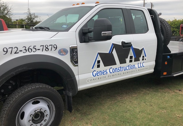 Genes Construction flatbed truck lettered for roofing, concrete pumping, and remodels serving Dallas–Fort Worth