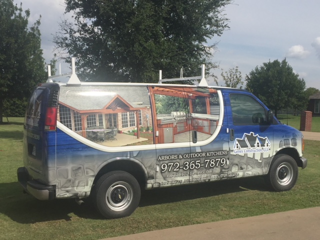 Roofing and outdoor living crew van | Genes Construction Genes Construction van for roofing, arbors, and outdoor kitchens after the roof and drainage are right