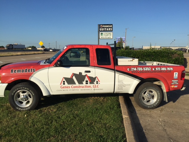 Roofing and remodel truck | Genes Construction Genes Construction remodel truck for roofing, siding, and home envelope work across the Metroplex