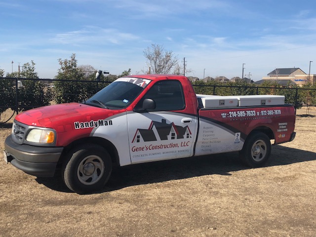 Residential roofing pickup | Gene's Construction LLC Genes Construction roofing and handyman pickup with house-roof logo for residential roof repair in Texas