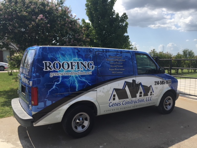 Genes Construction roofing van wrapped for residential and commercial roofing, storm repair, and IKO certified work in Texas