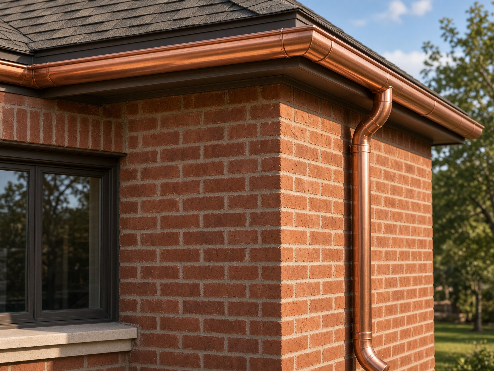 New copper-toned seamless gutters on brick