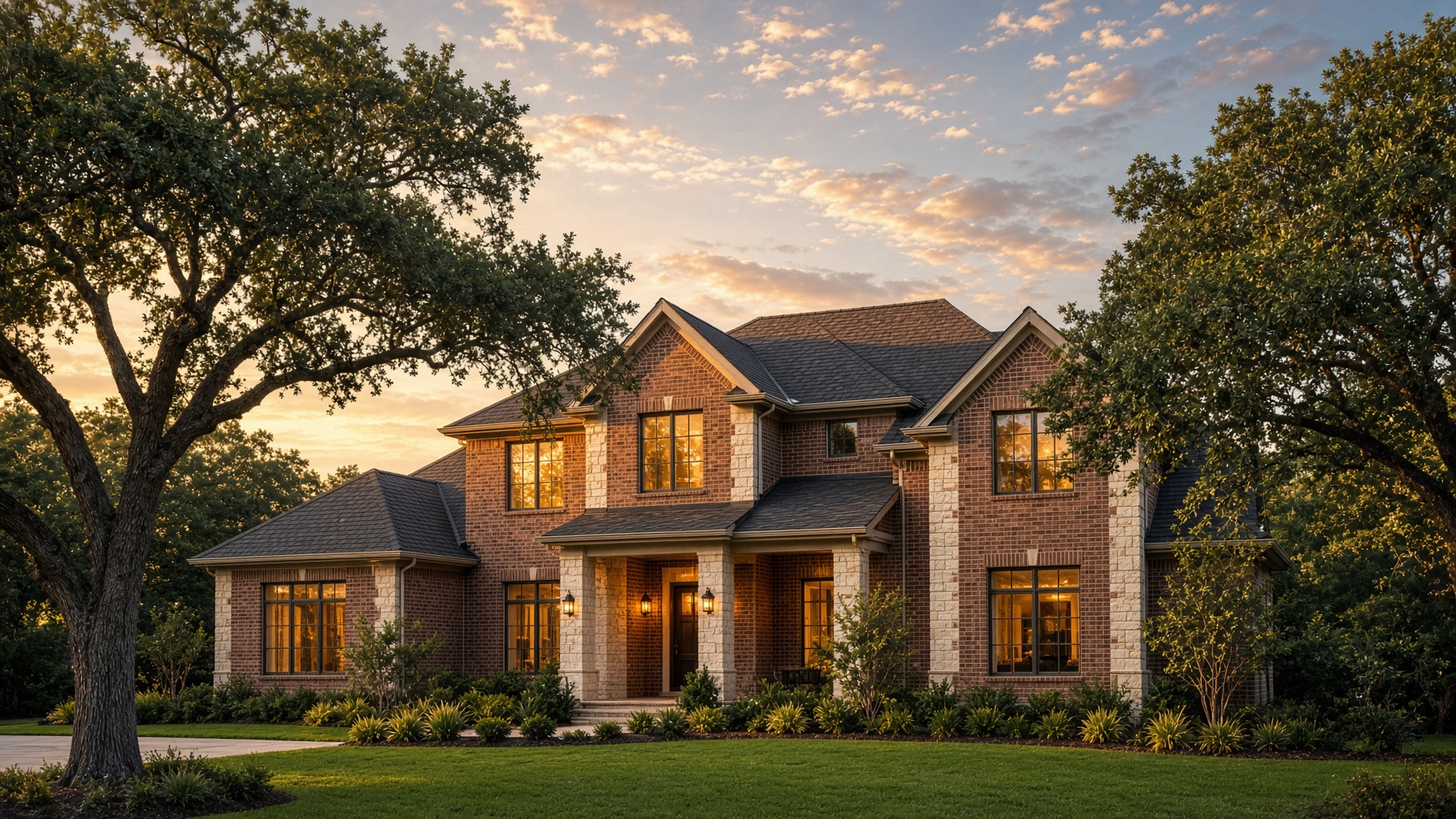 Frisco, Texas home with a completed architectural roof at dusk