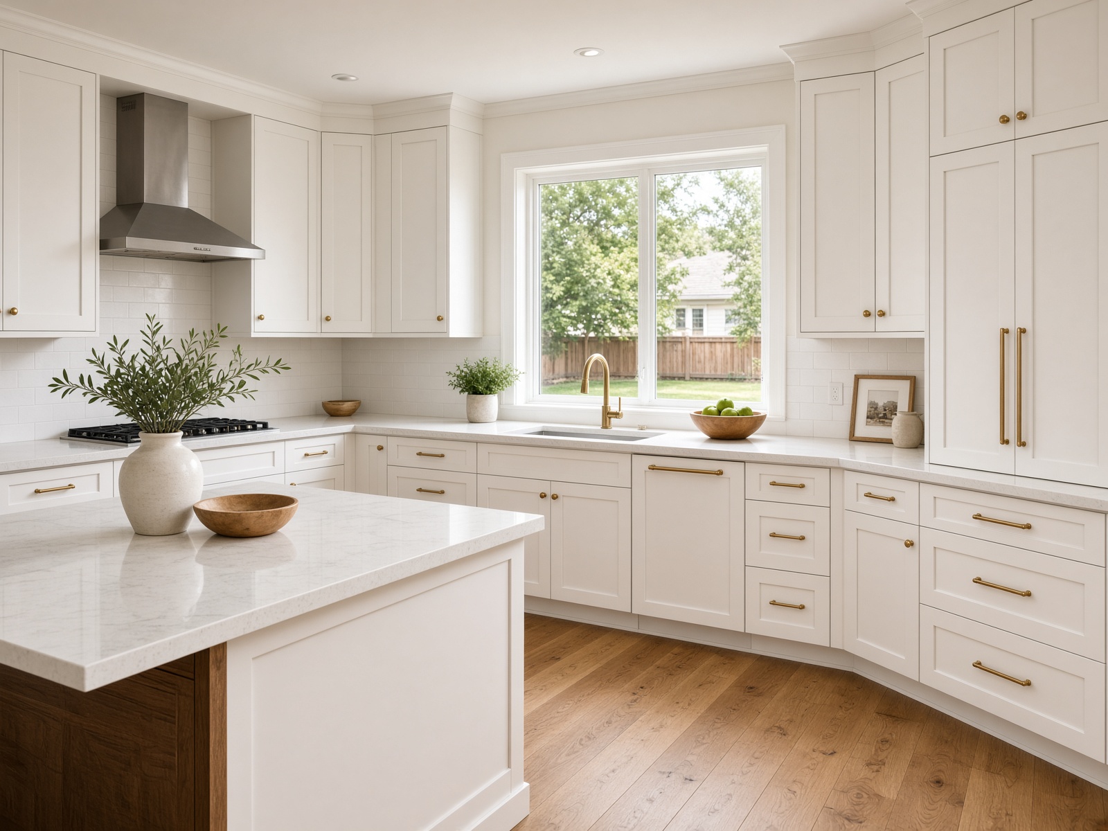 Renovated kitchen with white cabinets and oak floors