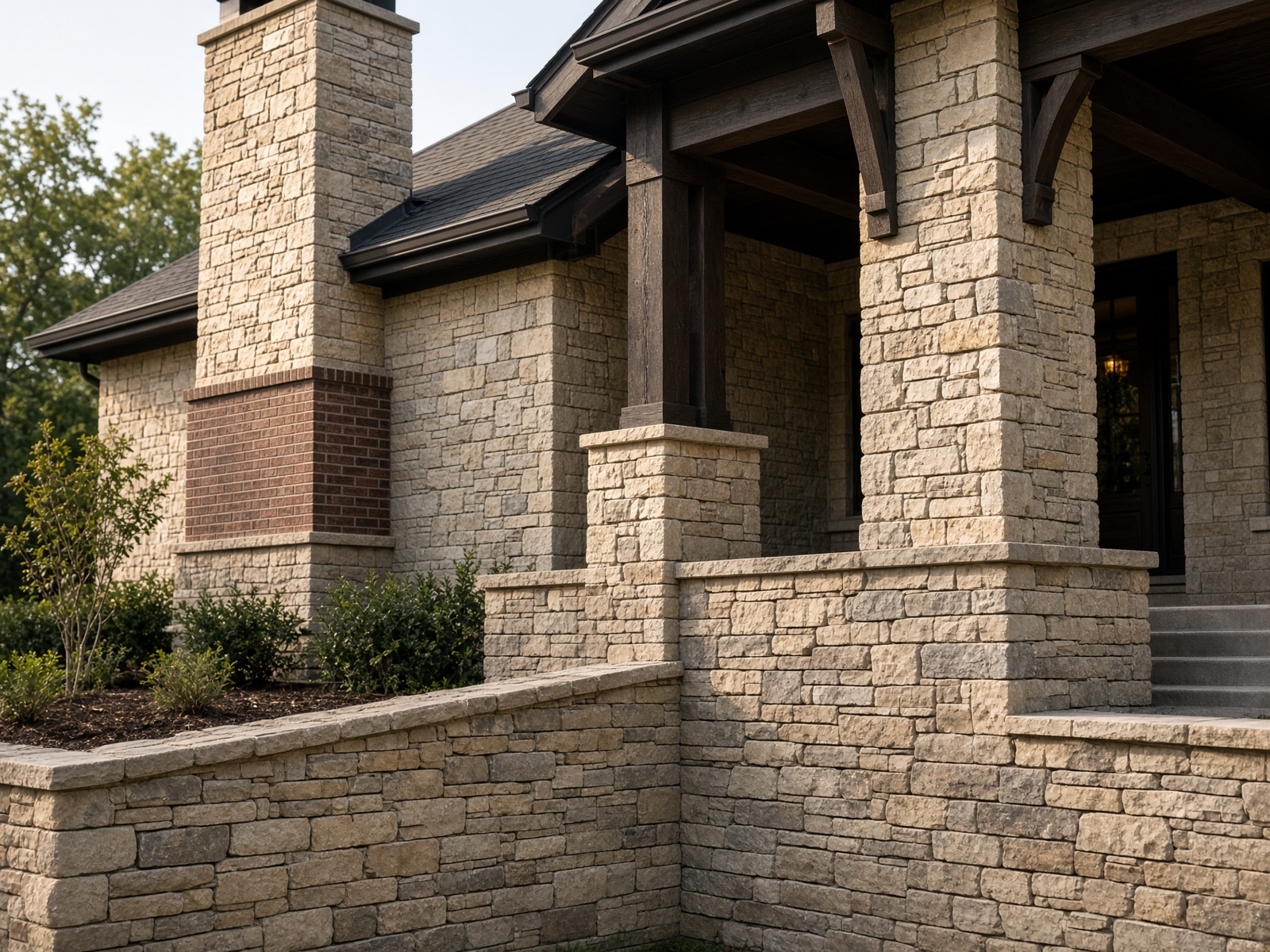 Texas limestone veneer and stacked stone at a craftsman porch