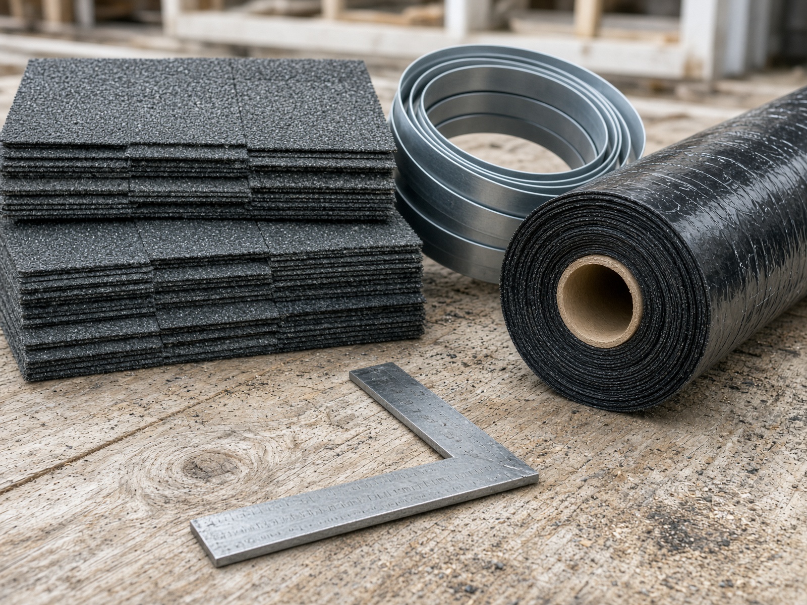 Architectural shingles, drip edge, and underlayment staged on a roof deck