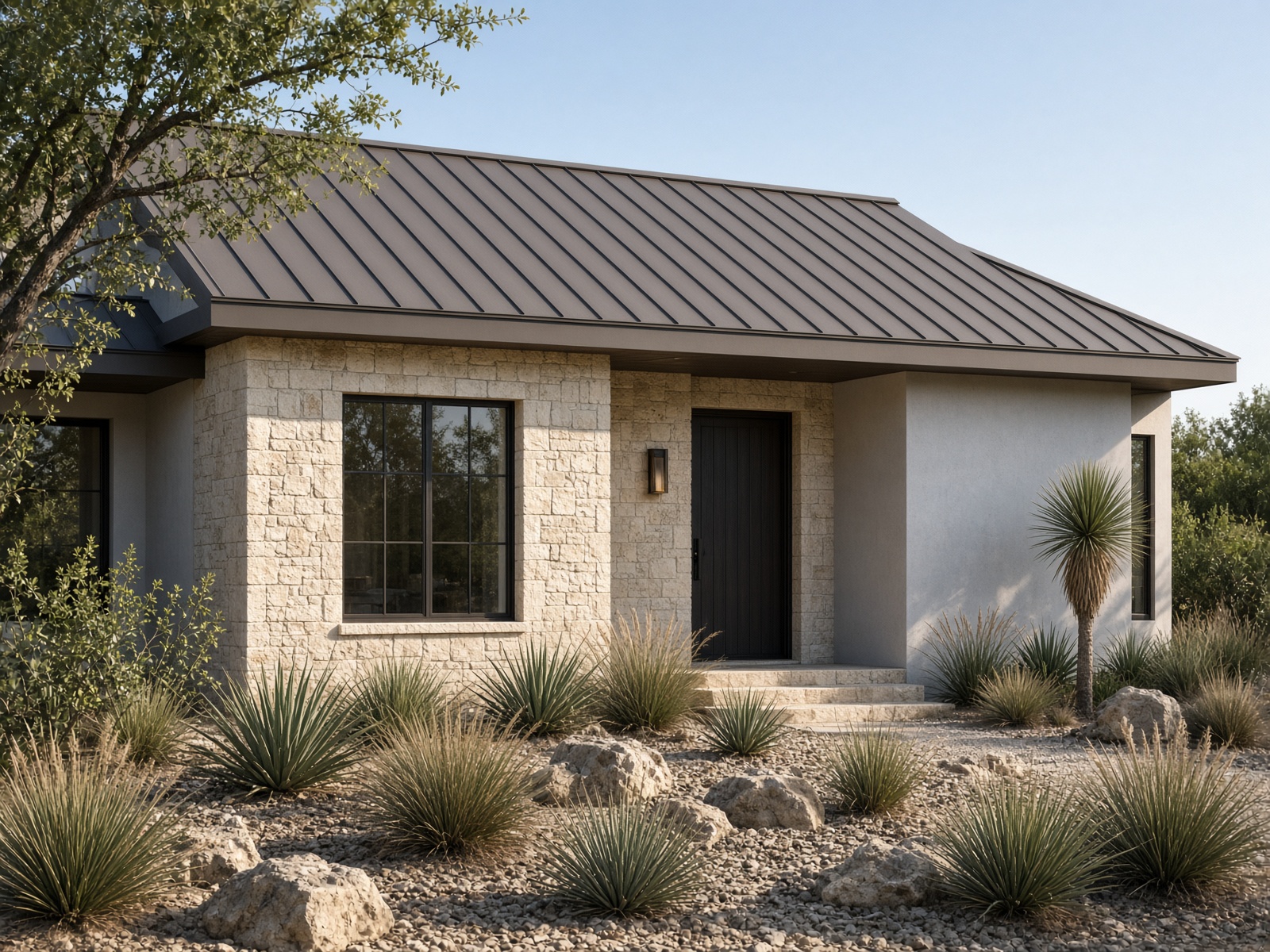 Standing-seam metal roof on a limestone Texas home