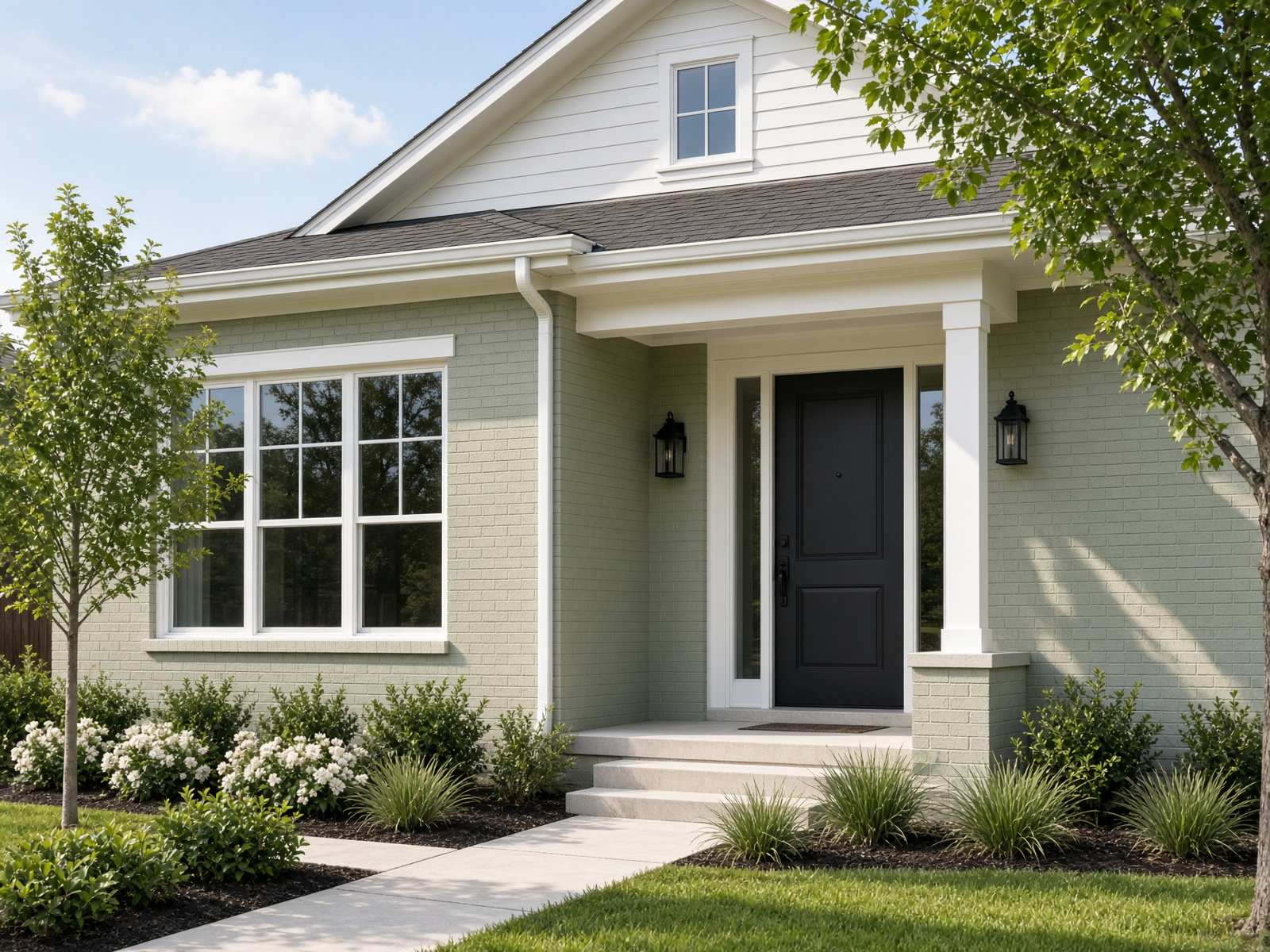 Freshly painted sage and white residential exterior