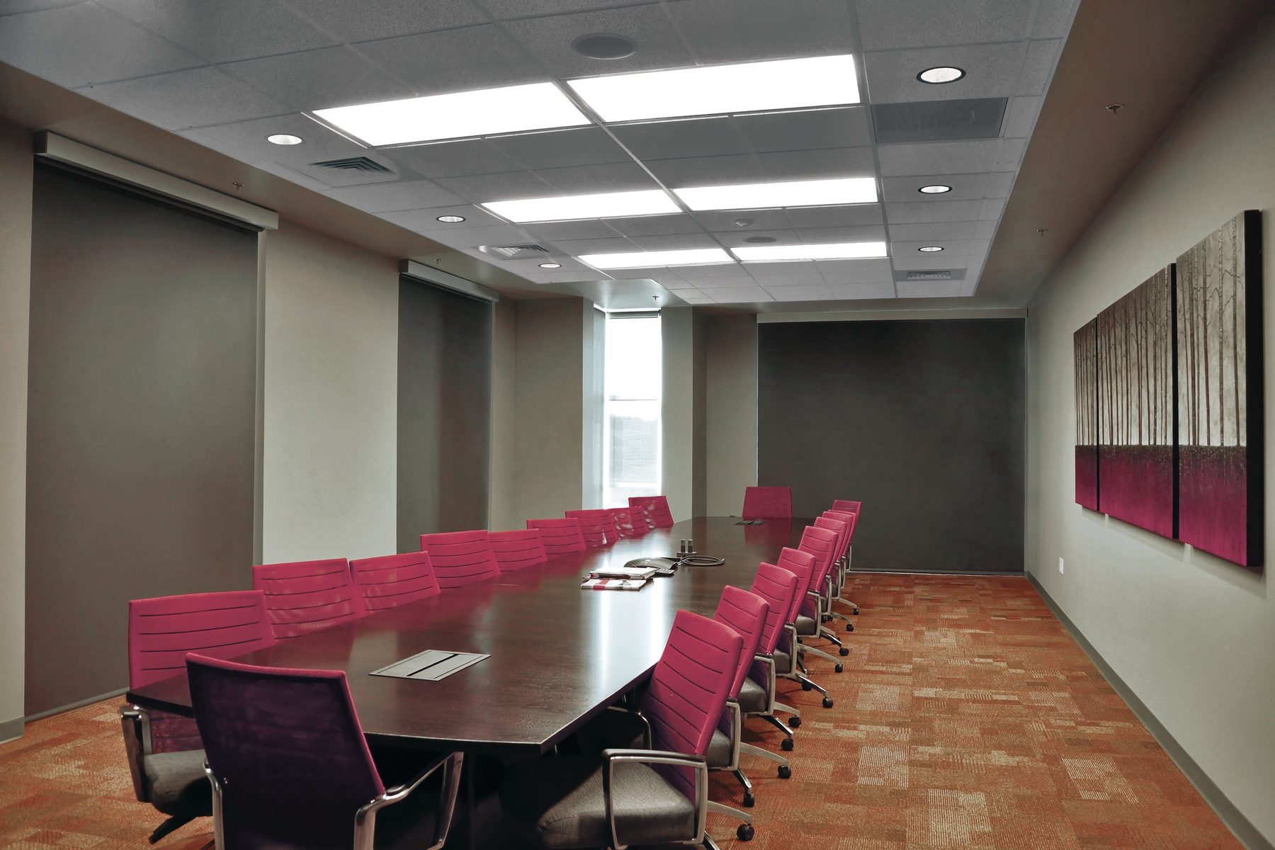 Room-darkening interior roller shades fully lowered beside a conference table, for presentations in Prosper and Frisco offices