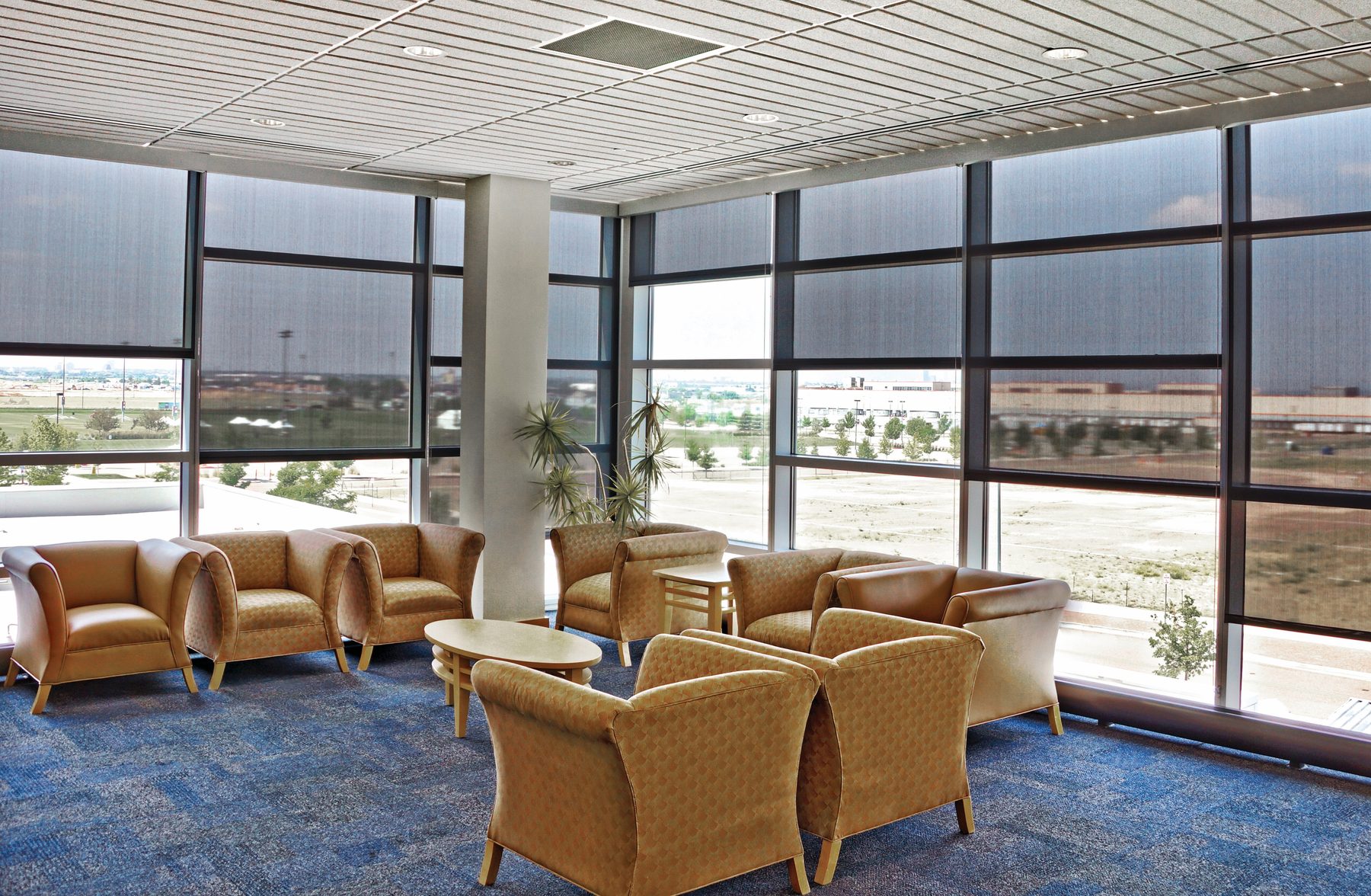 Solar screen roller shades across a lounge window wall, glare control for a waiting room or home office in Frisco and Prosper