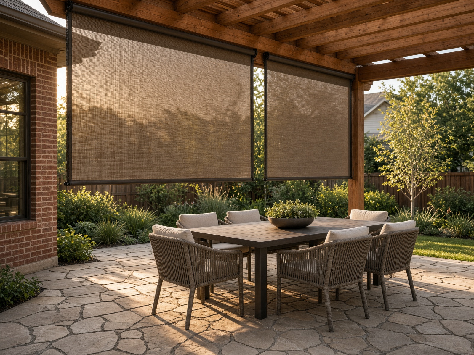 Bronze solar-screen outdoor roller shades on a cedar pergola patio