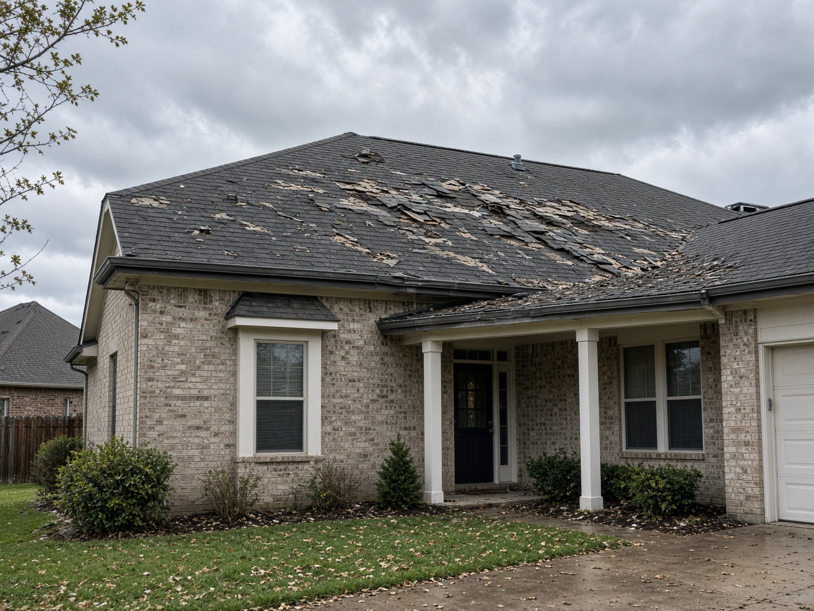 Hail-damaged asphalt shingles and dented gutter on a Texas suburban home